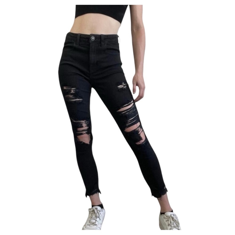 American Eagle Hi Rise Jegging Crop Distressed Black 10 - Picture 2 of 12